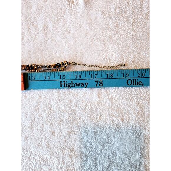 Vintage 80s Brown Wood Beaded Multi Layer Necklace 16" - 19" Bronze Seed Bead - Picture 5 of 8